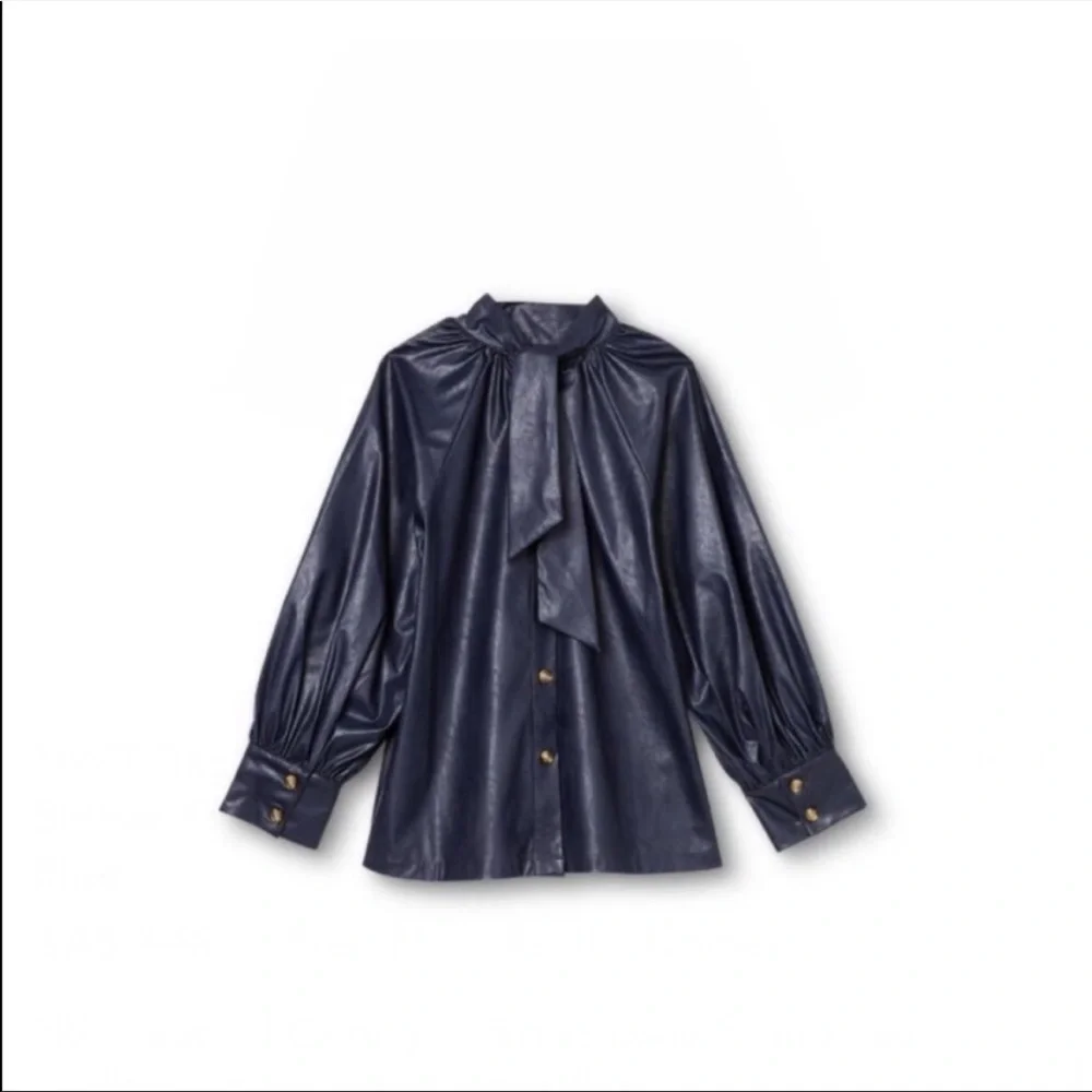 NWOT Rachel Comey For Target Long Sleeve Faux Leather Tie Back Top Navy Blue - Picture 4 of 6